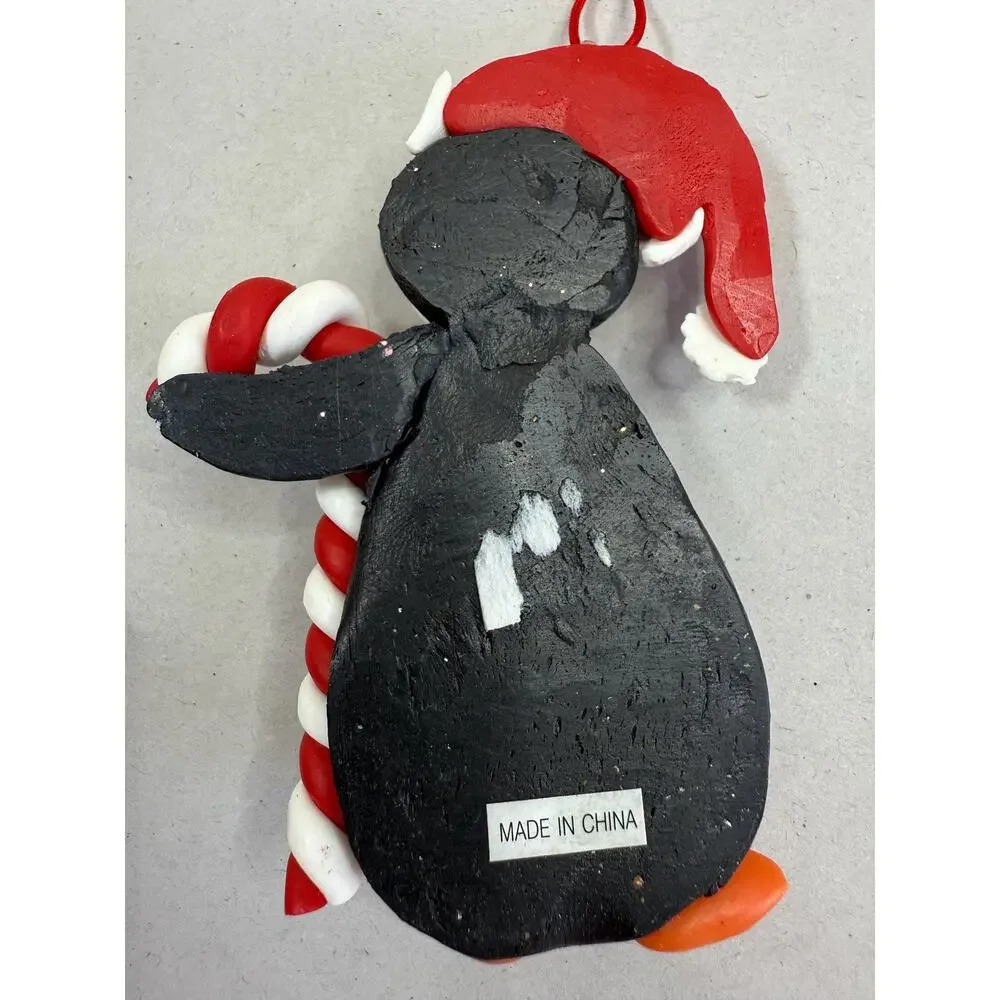 Polymer Clay Penguin Christmas Ornament, Santa Hat, Candy Cane, Holiday Decor